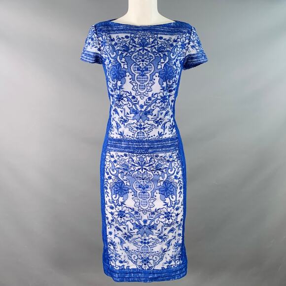 TADASHI SHOJI Size 6 Blue White Rayon Blend Lace Short Sleeve Cocktail Dress - Picture 1 of 6